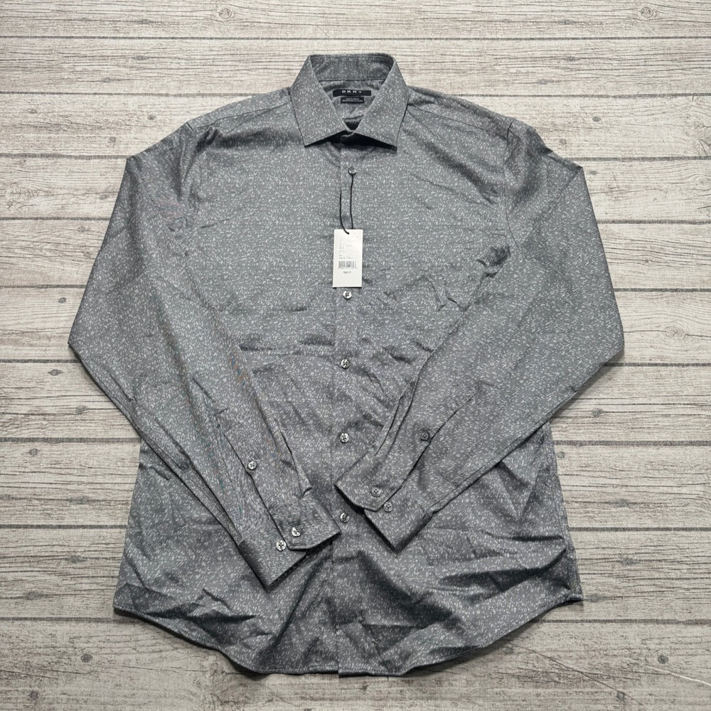 NEW DKNY Dress Shirt Mens 15.5 Tall Gray Slim Fit Stretch Long Sleeve Officewear